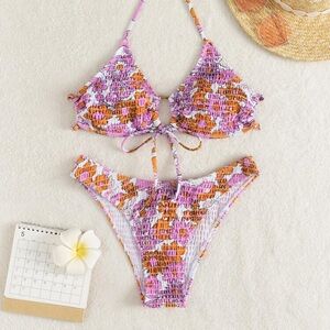 Women’s Vibrant Floral Smocked Tie 2 Piece Bikini Set Size Medium
